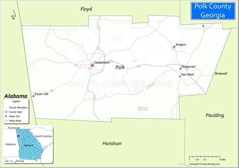 Map of Polk County, Georgia showing cities, highways & important places ...