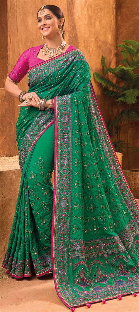 Bridal Traditional Wedding Green Color Banarasi Silk Fabric Saree