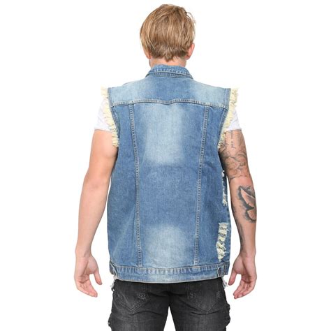 Mens Denim Lapel Vest Casual Sleeveless Slim Fit Ripped Biker Jeans