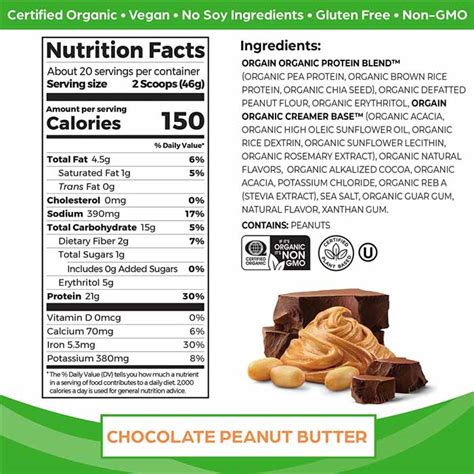 Orgain Organic Plant Based Protein Powder Chocolate Peanut Butter