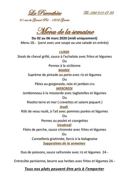 Menu At La Parenthese 61 Geneva