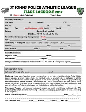 Fillable Online Stjohnspal PAL Lacrosse Registration Form Stjohnspal