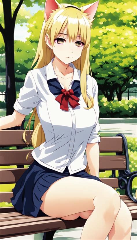 Blonde Neko Sitting On A Park Bench Short Skirt Low Cut Top Ai Generated Artwork Nightcafe