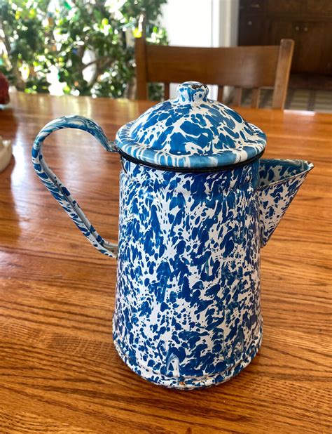 Antique Blue White Swirl Spatterware Graniteware Coffee Pot Enamelware