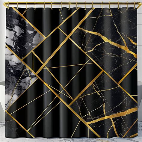 Highres Black And Gold Marble Geometric Pattern Shower Curtain With