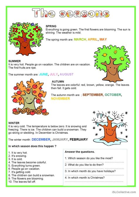 The Seasons Reading For Detail Dee English Esl Worksheets Pdf Doc