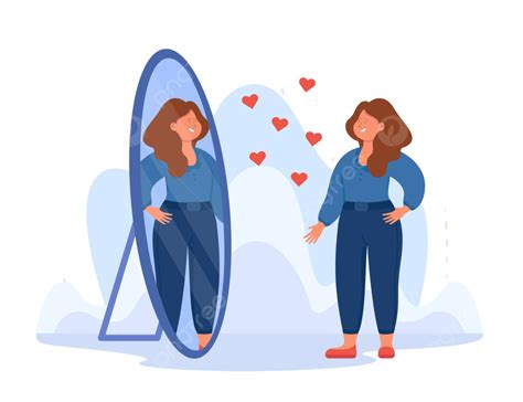 Happy Smiling Woman Admiring Beautiful Reflection In Mirror