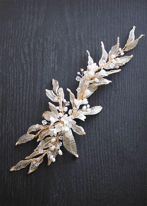 Bespoke For Natalie Gold Pearl Wedding Hair Piece With Leaves 1