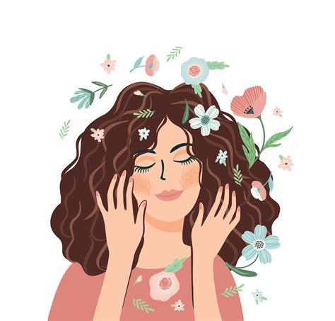 Portrait of cute girl with flowers. Self care, self love, harmony ...