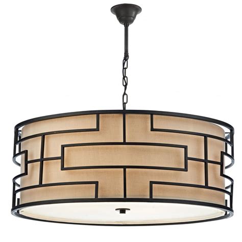 Large Art Deco Drum Pendant Ceiling Light, Bronze with Linen Shade