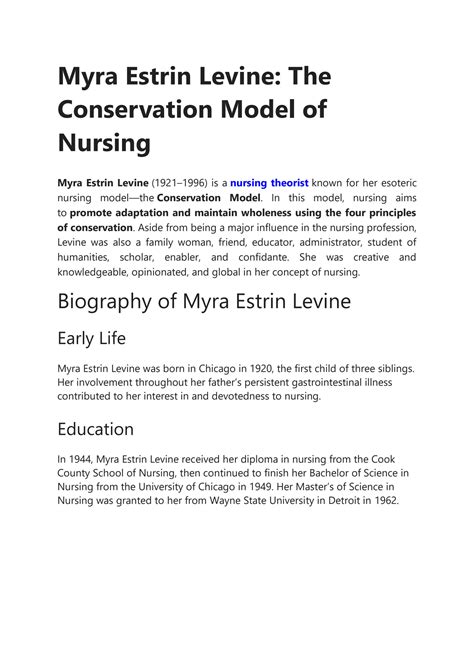 Solution Myra Estrin Levine The Conservation Model Of Nursing Studypool