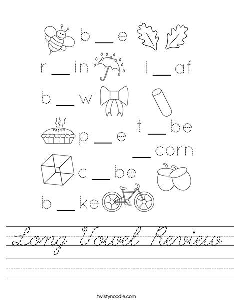 Long Vowel Review Worksheet Cursive Twisty Noodle