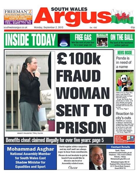 South Wales Argus Front Page K Pontypool Benefit Cheat