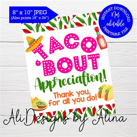 Taco Appreciation Sign Instant Download Printable Teacher Week Staff