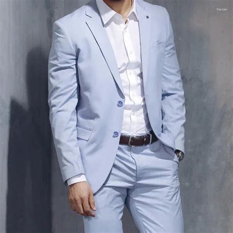 Sky Blue Mens Suits Elegant Slim Fit Spring Blazers Set Custom