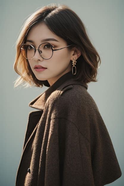 Premium Ai Image A Woman Wearing Glasses And A Brown Jacket With A Brown Sweater On