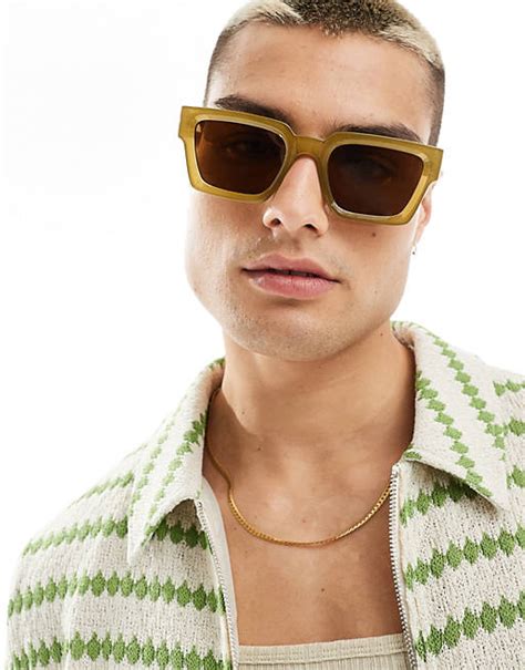 Asos Design Square Sunglasses In Khaki Asos