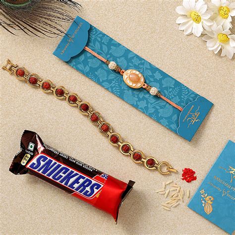 Online Peach Stone Bracelet Rakhis With Snickers Chocolate Gift