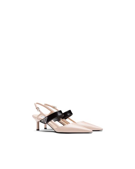 Powder Pink Black Brushed Leather Slingbacks Prada