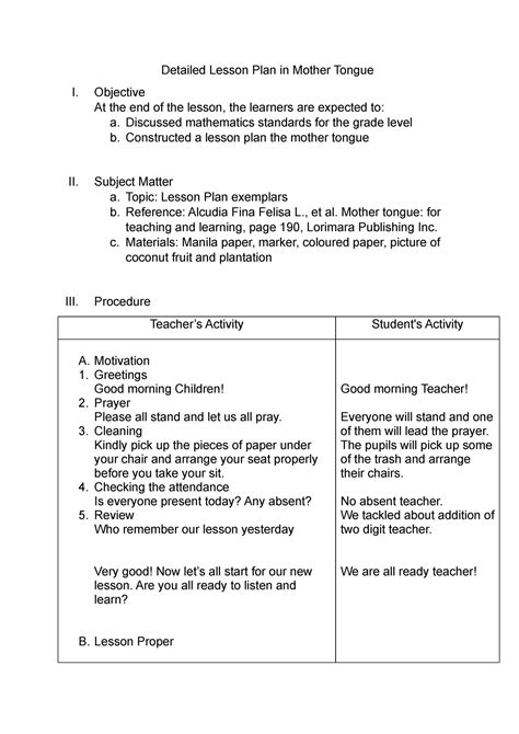 Dlp In Mother Tongue Lesson Plan Detailed Lesson Plan In Mother