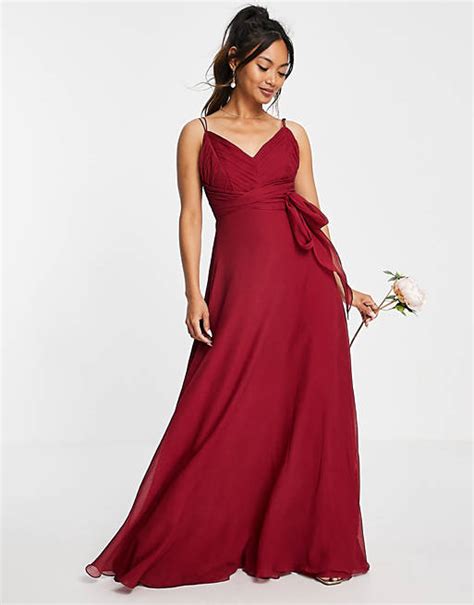 Asos Design Bridesmaid Cami Maxi Dress With Ruched Bodice And Tie Waist In Berry Asos