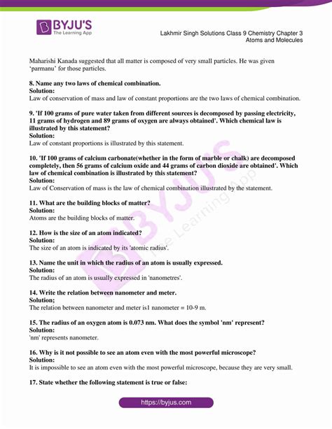 Lakhmir Singh Chemistry Class 9 Solutions For Chapter 3 Atoms And Molecules Free Pdf