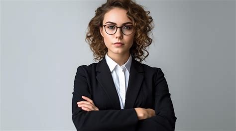 Premium Ai Image A Woman In A Suit With Glasses Stands With Her Arms