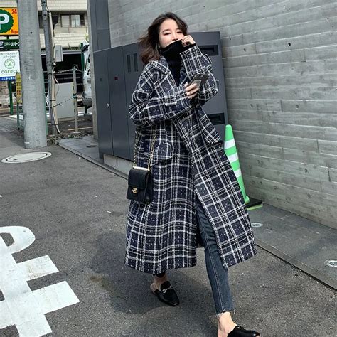 New Autumn Winter Women Long Wool Blends Jackets Women Loose Tweed