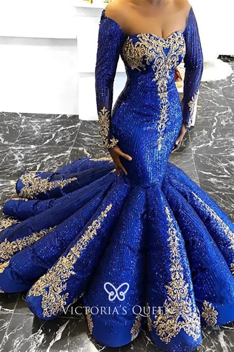 Unique Gold Lace Adorned Blue Glitter Trumpet Prom Gown Vq