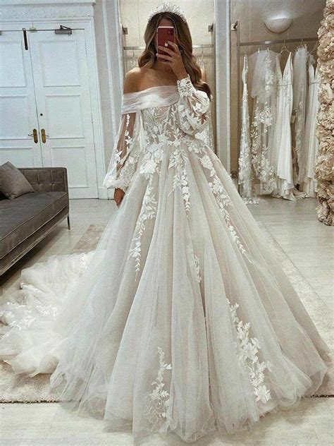 Gorgeous Long Puff Sleeve Beach Tulle Lace Wedding Dresses A Line