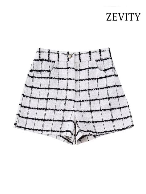 ZEVITY Shorts Xadrez De Tweed Feminino Bolsos Frontais Cintura