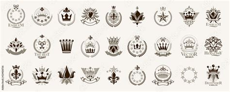 Heraldic Coat of Arms with Lily Flower and crowns symbol vector big set ...