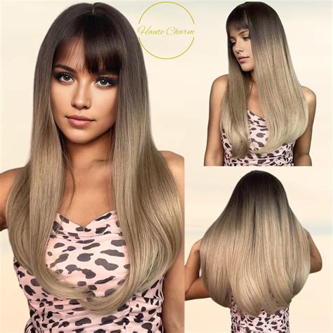 Long Straight Hair Wig With Bangs Natural Look Heat Resistant Synthetic Women S Wig Trendy