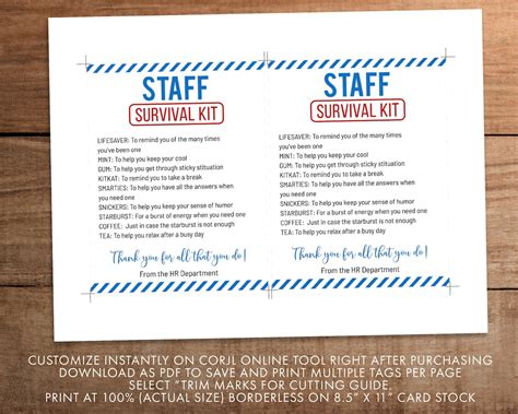 Staff Survival Kit Printable Template Editable Employee Etsy