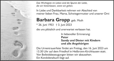 Traueranzeigen Von Barbara Gropp Trauerundgedenken De