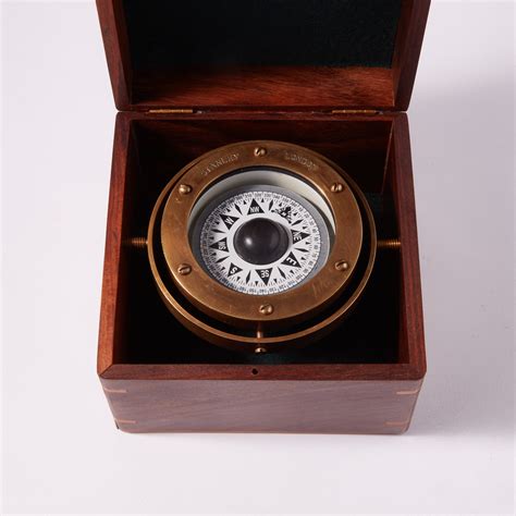 Engravable Antique Nautical Brass Gimbaled Compass In Wooden Box Stanley London Touch Of Modern