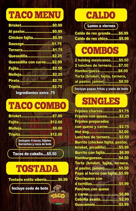 Taco Mais Menu In Laredo Texas Usa