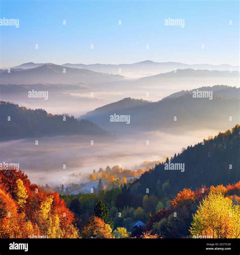 Majestic Autumn Rural Scenery Landscape With Beautiful Mountains