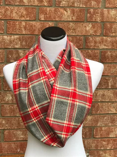 Red Gray Plaid Flannel Scarf Tartan Plaid Infinity Scarf Long Warm