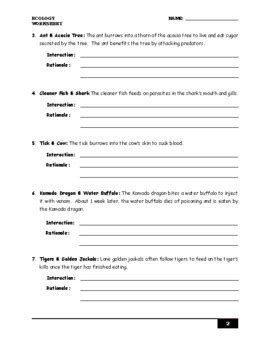 Species Interaction Worksheet Answer Key By Da Learning Dojo