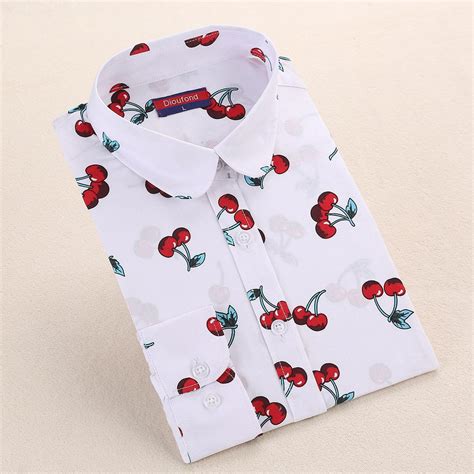 Dioufond Women Floral Shirts Long Sleeve Cherry Print Button Down