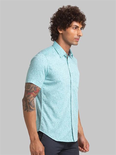 Men Green Slim Fit Print Cotton Blend Half Sleeve Shirts Myraymond