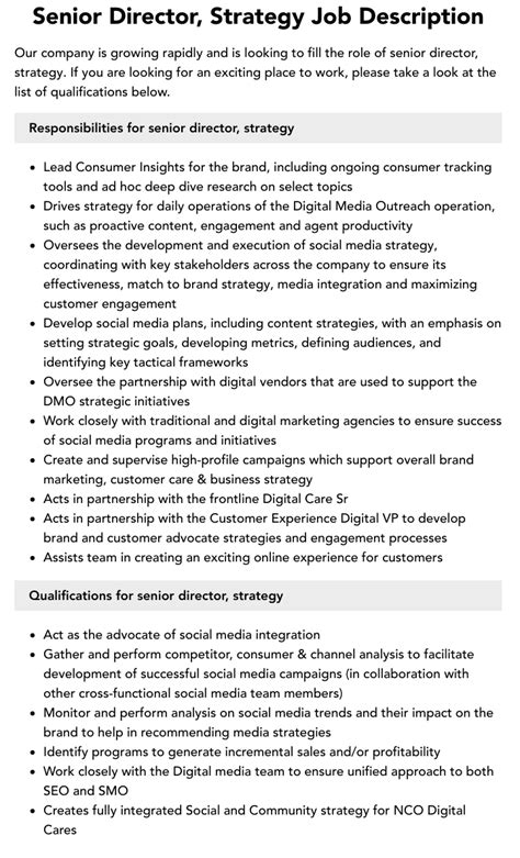 Senior Director Strategy Job Description Velvet Jobs