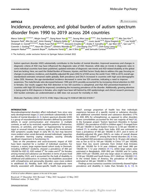 Incidence Prevalence And Global Burden Of Autism Spectrum Disorder