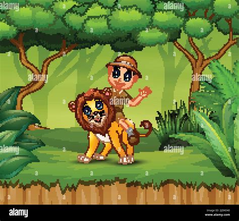 Cartoon Zookeeper boy and a lion in jungle Stock Vector Image & Art - Alamy