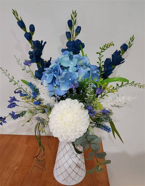 Blue and White Flower Arrangement, Watering Can Arrangement, Blue and White Floral Centerpiece ...