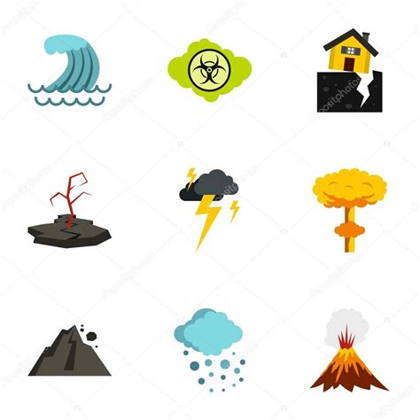 Natural Disasters Icons Set Flat Style Stock Vector Ylivdesign