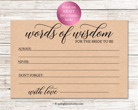 Words Of Wisdom Bridal Shower Advice Cards Printable Rustic Etsy