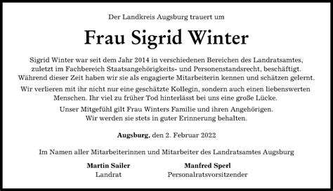 Traueranzeigen Von Sigrid Winter Allg Uer Zeitung