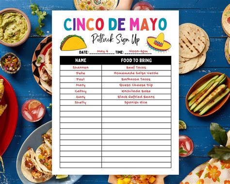 Cinco De Mayo Potluck Sign Up Sheet For Taco Fiesta Potluck Etsy